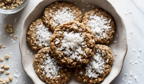 No bake peanut butter coconut & oatmeal cookies stacked on a black and white checkered dish towel on a picnic table. In the background is a container of maple syrup and a knife with peanut butter. This is the designated pinterest pin.