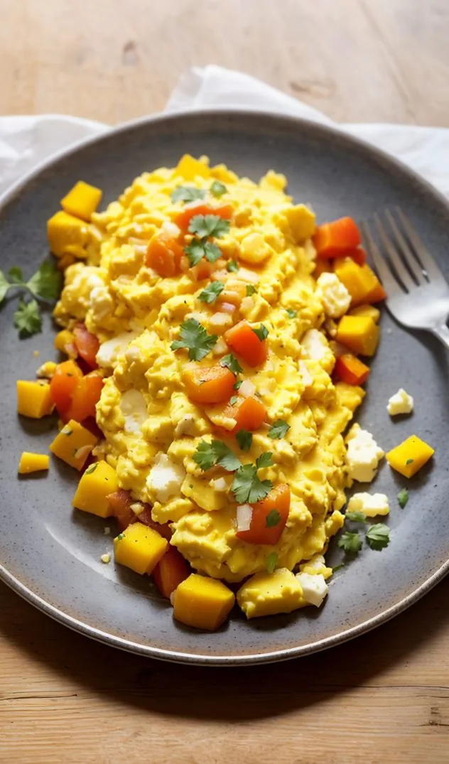 Scrambled eggs with sweet potato, bell pepper, and onion on a square white plate. This is the designated pinterest pin.
