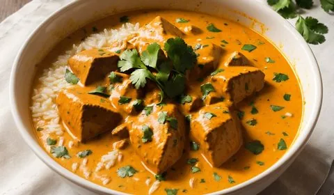 Slow cooker butter chicken in a square white bowl on a picnic table. In the background are some of the raw ingredients including the spices, fruits and vegetables. This is the designated pinterest pin.