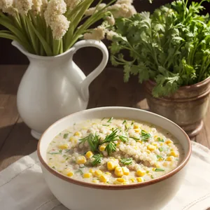 Quinoa corn chowder in a white bowl on a counter. Off to the side are process shots of the diced vegetables and the vegetables being sauteed in a large pot.