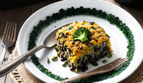 Broccoli, black bean, and cheesy wild rice casserole in a Pyrex baking dish on a stove. This is the designated pinterest pin.