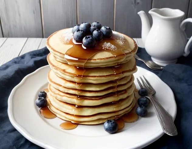 Bubble formation on top of a blueberry buttermilk pancake sitting in a stainless steel pan.