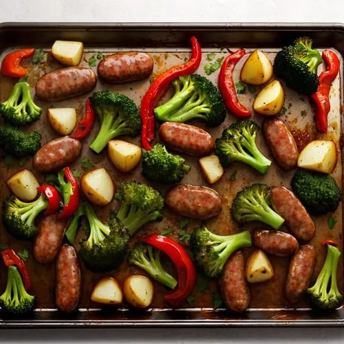 Roasted chicken sausage, sweet potato, onion, and green beans sit on an aluminum baking sheet. An unpeeled sweet potato sits in the upper right hand corner. In the lower right hand corner is a white bowl containing a portion of the roasted sausage and vegetable mixture. Everything sits on a white marble background.