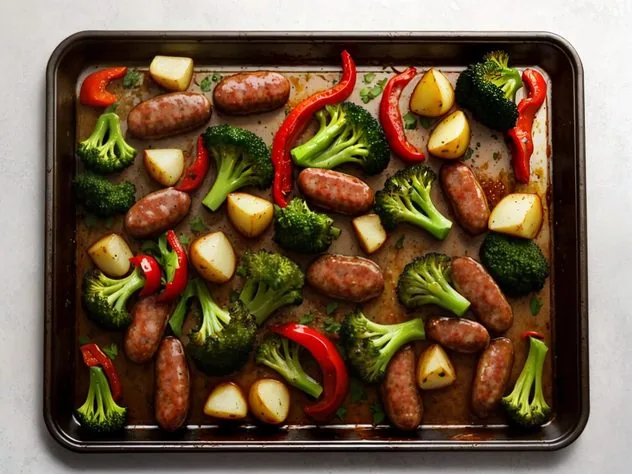 Roasted Chicken Sausage & Vegetable Sheet Pan Dinner Process Step 3 Prepped sweet potato, onion, green beans, and chicken sausage coated with the herb and garlic oil mixture sit on an aluminum baking sheet.