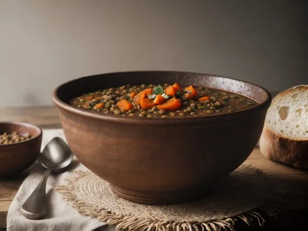 Smoky Lentil Stew Process Step 2 Sauteed carrot and onion in a stainless steel pan. Minced garlic and spices have been added and mixed in. Frozen tablespoons of tomato paste sit on top.