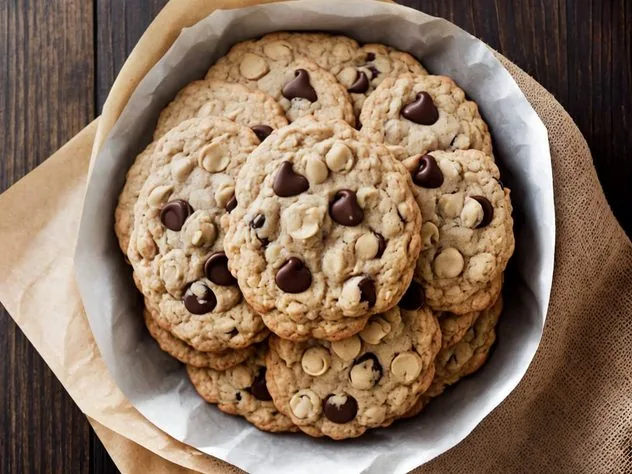Chocolate Chip Oatmeal Pulp Cookies Process Step 4 Rounded tablespoons of raw cookie dough on an aluminum baking sheet.