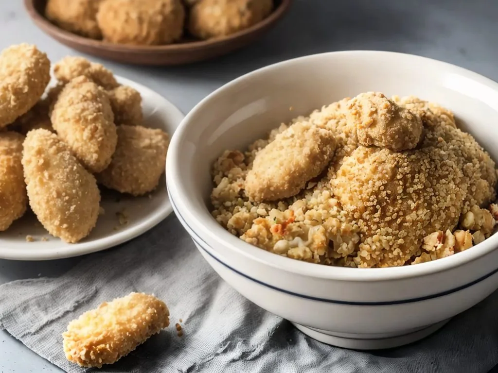 Homemade Shake and Bake Process Step 1 Plain bread crumbs in a large glass bowl on a wood plank background.