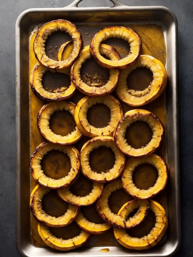 Roasted Delicata Squash Process Step 1a A delicata squash with the ends cut off sits on a wooden cutting board.