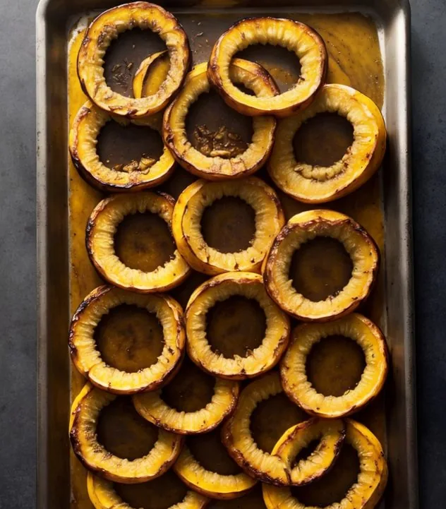 Roasted Delicata Squash Process Step 2a A partially sliced delicata squash sits on a wooden cutting board.
