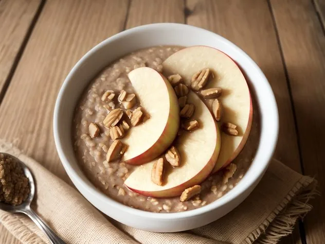 Microwave oatmeal with peanut butter, cinnamon, honey, and topped with chopped apple in a small white bowl on a wooden background.