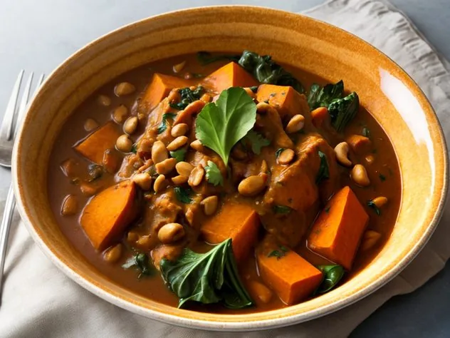 African Peanut Stew Process Step 5 Addition of cannellini beans and collard greens to the stew in a large stainless steel frying pan.