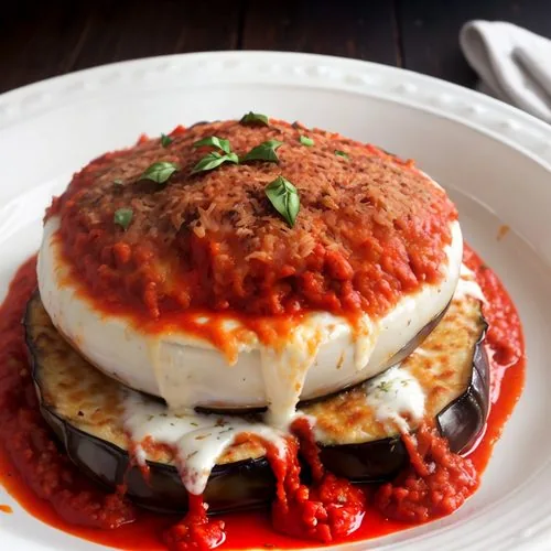 A slice of baked eggplant parmesan sits on a bed of angel hair pasta. The pasta is drizzled with tomato sauce, and garnished with a sprig of parsley. The entire thing sits on a round black plate, on top of a red/white checkerboard patterned kitchen towel. In the background is a tomato, eggplant, a sprig of basil, and some crumbs of homemade shake and bake. Peeking through the scene is also the wood plank background. This is the horizontal photo.