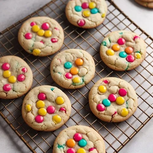 A stack of M&M cookies sits on a square of parchment paper. The top cookie is broken in half to show the inside texture. In the background is a white plate with a pile of cookies and a small black bowl containing red and green M&Ms. Scattered about in the photo for texture are cookie crumbs, additional cookies, and red and green M&Ms. Everything sits on a white marble background. This is the horizontal image.