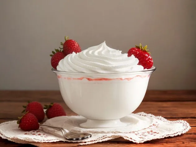 Homemade Whipped Cream Process Step 3 The formation of soft peaks in the whipped cream. The whipped cream sits in a large glass bowl on a white marble background.