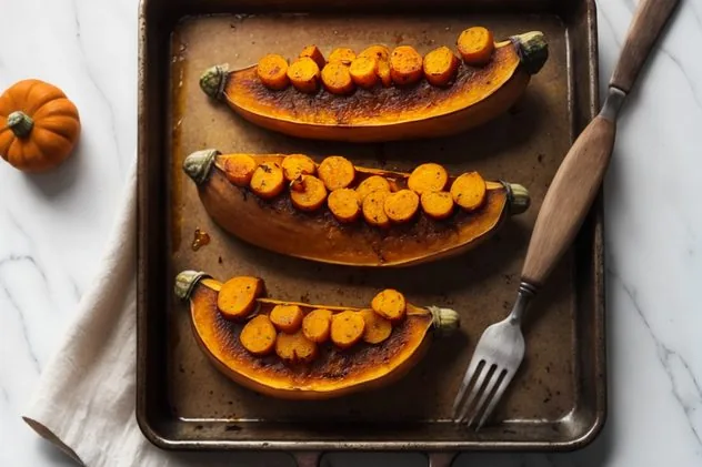 Baked Butternut Squash Process Step 5a The two butternut squash halves contain holes from a fork all over the flesh side. Both halves sit in a glass 9" x 13" pan, filled with a half inch of water. A pat of butter, some brown sugar, salt, and pepper sit in the hollowed out part of each butternut squash.