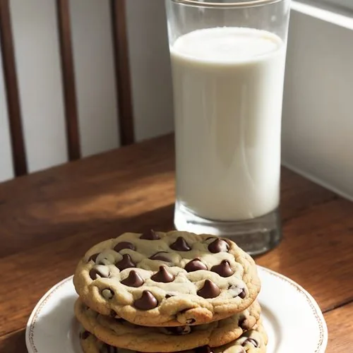 A stack of four dairy free chocolate chip cookies sits front and center. The top cookie is broken in half to show the texture of the interior. In the lower right is a small wooden bowl with chocolate chips. In the upper left is a light purple tea towel. In the upper right is a wire cookie rack with more dairy free chocolate chip cookies. Scattered about are crumbs, chocolate chips, and the other cookie half. Everything sits on a white marble background. This is the horizontal photo.