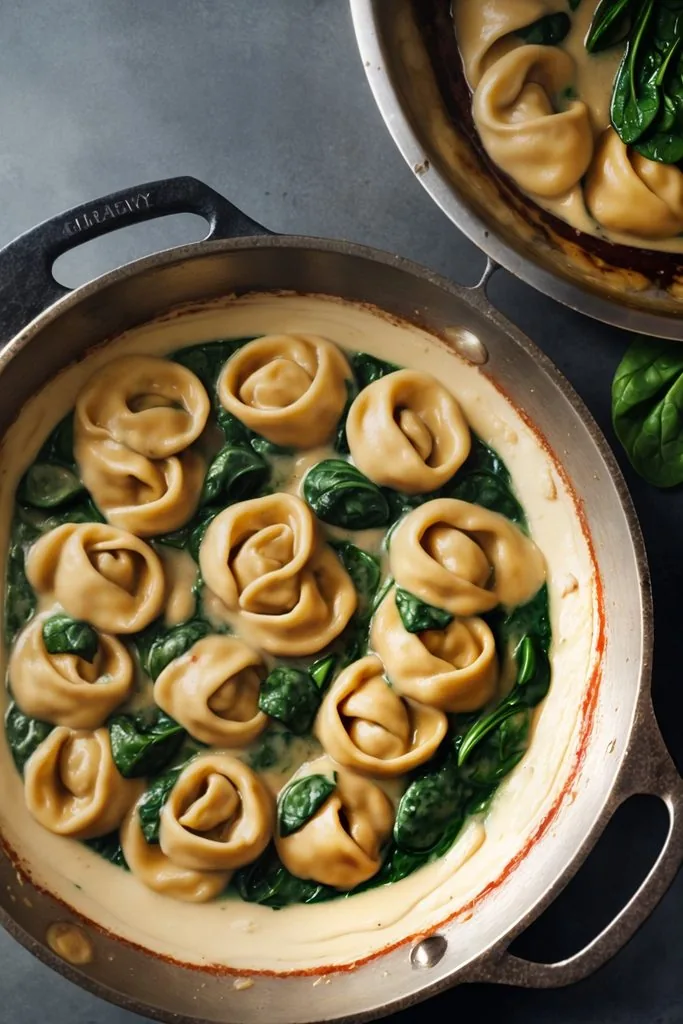 Creamy Tortellini with Sausage and Spinach Process Step 2 Sauteed onion, bell pepper, and onion in a stainless steel pan.