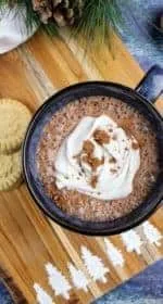 In the center is a navy colored mug filled with vegan hot cocoa. It is topped with a swirl of coconut whipped cream and cocoa powder. Off to the left are two shortbread cookies and a white tea towel. At the top is a sprig of evergreen and pine cones. In the upper right is a small dark wooden bowl of marshmallows. Everything but the marshmallows sit on a wooden cutting board, the bottom of which has a line of evergreen trees made of confectioner's sugar. Everything sits on a navy blue background. This is the vertical image.