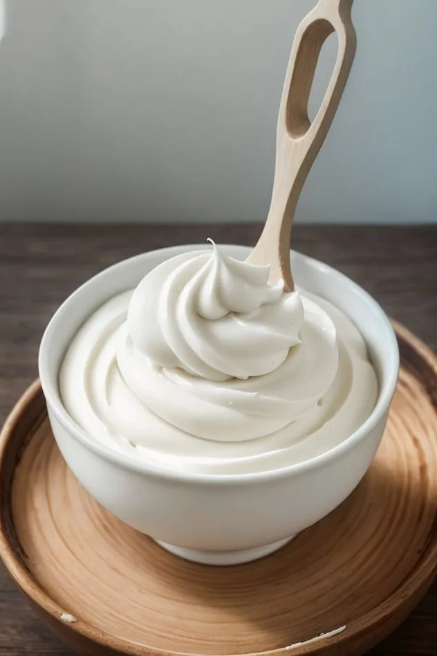 Vegan Vanilla Frosting Process Step 2d Final vegan vanilla frosting after mixing in three cups of confectioner's sugar to the creamed mixture in a large glass bowl.