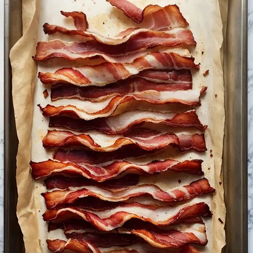 Oven baked bacon on an aluminum foil lined rimmed baking sheet. This is the horizontal image.