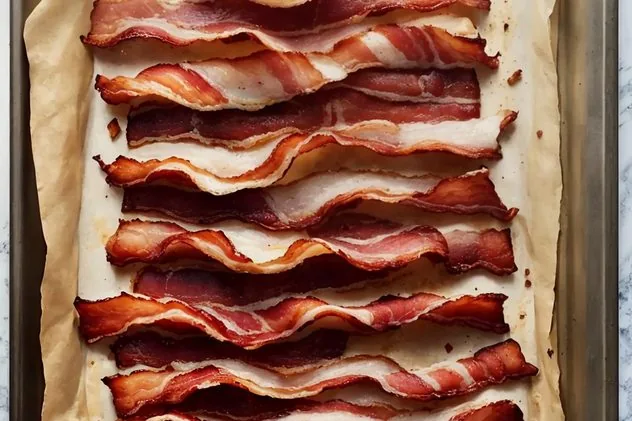 Oven baked bacon Oven baked bacon on aluminum foil. This is the horizontal image.