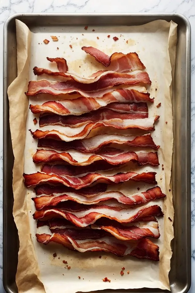 Oven Baked Bacon Process Step 1 Raw applewood smoked bacon on an aluminum foil lined rimmed baking sheet.
