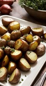 Roasted herb red potatoes sitting on a textured aluminum baking sheet. The potatoes are golden brown and wrinkled from roasting in the oven. At the top of the image are the words 'The Panicked Foodie,' with the i's colored red and dotted with red hearts. At the end is a black mixing bowl with a red heart on it that contains three sugar cubes.