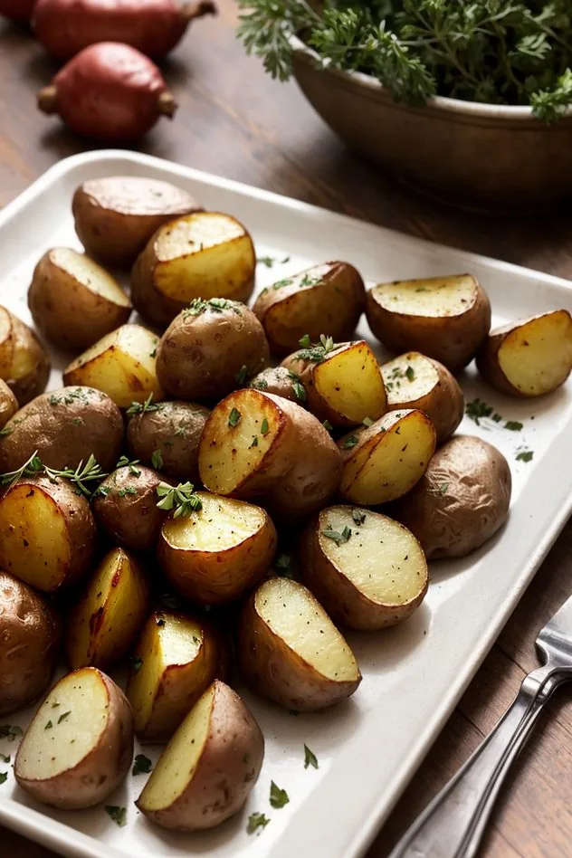 1" cube red potatoes with the skin on after they have been hand tossed and coated with the herb and extra light olive oil mixture. Everything sits on a textured aluminum baking sheet.