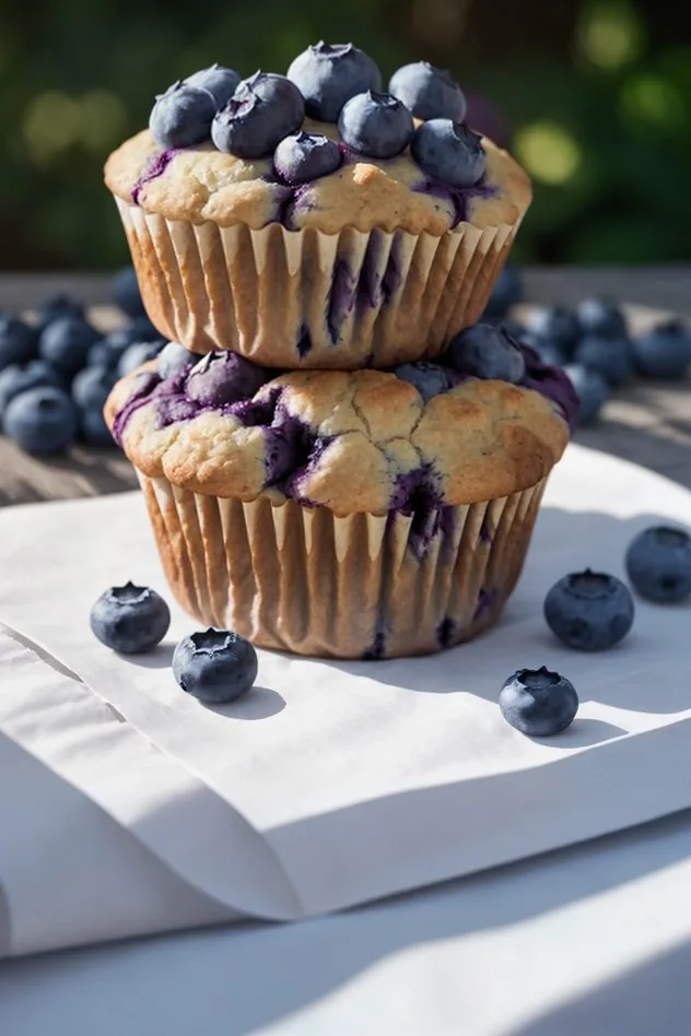 The vegan blueberry muffins prior to baking. The batter has been poured into a muffin pan which has been lined with paper baking cups. Each muffin has been garnished with demerara sugar.
