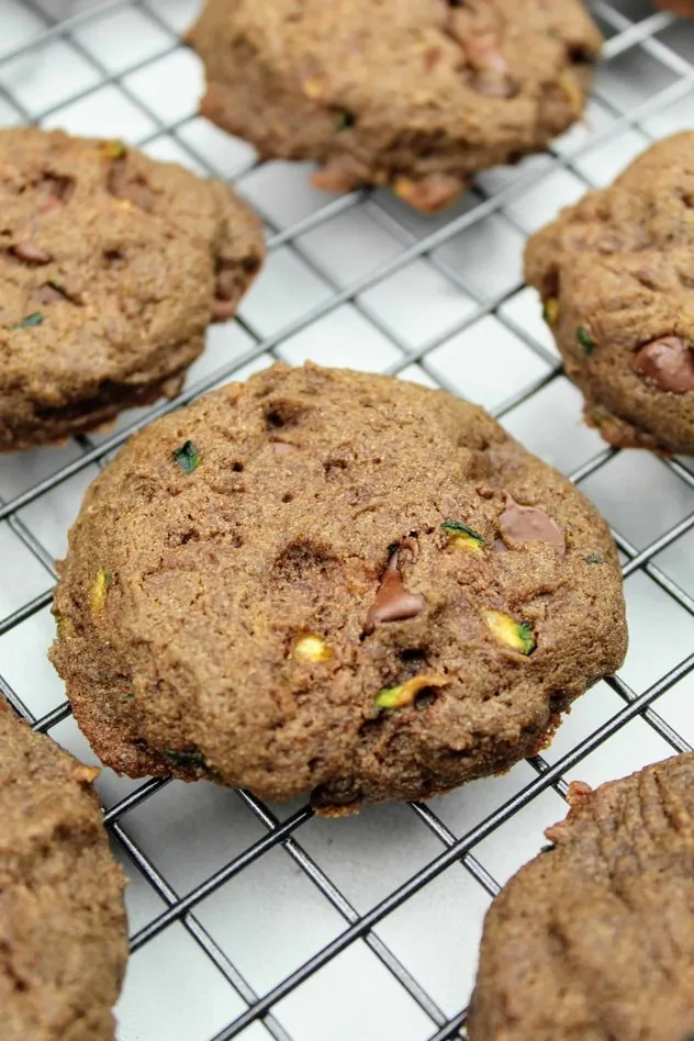 Vegan Chocolate Zucchini Cookies Process Step 4b Vegan chocolate zucchini cookies arranged on a wire cooling rack.