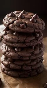 In the center is a stack of 4 vegan double chocolate zucchini cookies, with a halved cookie on top of the stack. Leaning against the stack is another halved cookie. In the upper right is a zucchini, and in the upper left are more cookies on a wire cooling rack. Halved cookies, cookie crumbs, chocolate chips, and grated zucchini lay around the cookie stack. Everything sits on a white marble background. At the top of the image are the words 'The Panicked Foodie,' with the i's colored red and dotted with red hearts. At the end is a black mixing bowl with a red heart on it that contains three sugar cubes.