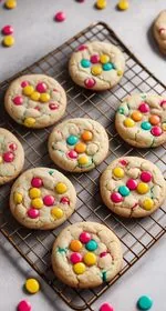 A stack of M&M cookies sits on a square of parchment paper. The top cookie is broken in half to show the inside texture. In the background is a white plate with a pile of cookies and a small black bowl containing red and green M&Ms. Scattered about in the photo for texture are cookie crumbs, additional cookies, and red and green M&Ms. Everything sits on a white marble background. At the top of the image are the words 'The Panicked Foodie,' with the i's colored red and dotted with red hearts. At the end is a black mixing bowl with a red heart on it that contains three sugar cubes.