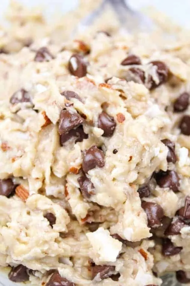 Vegan Almond Coconut Chocolate Chip Cookies Process Step 3 Chocolate chips folded into the dough in a large glass bowl.