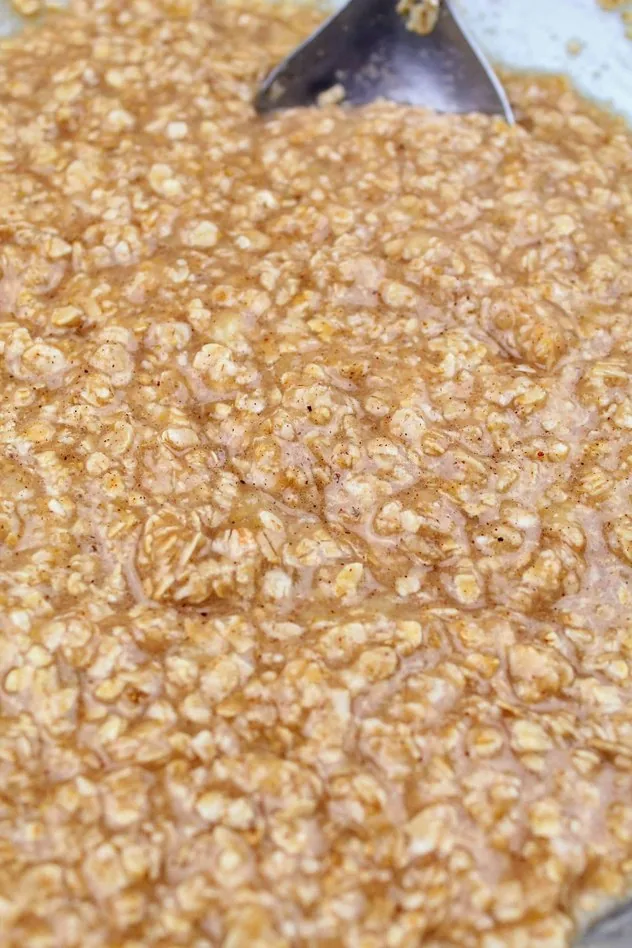 Vegan Banana Cookies Process Step 2 A mixture of bananas, extra light olive oil, granulated sugar, applesauce, baking soda, Kosher salt, nutmeg, cinnamon, quick oats, and vanilla extract in a large glass bowl with a stainless steel mixing spoon in the upper right.
