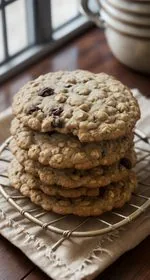 A stack of six vegan oatmeal raisin cookies sits in the center of the photo. Leaning against the stack on the right hand side is a half of a cookie to show the chewy interior. To the left of the stack, is a small glass of almond milk. In the background on the left is a purple tea towel and on the right are more cookies sitting on a cooling rack. Everything sits on a white marble background with a black vertical background. Scattered about are oat grains and raisins. At the top of the image are the words 'The Panicked Foodie,' with the i's colored red and dotted with red hearts. At the end is a black mixing bowl with a red heart on it that contains three sugar cubes.