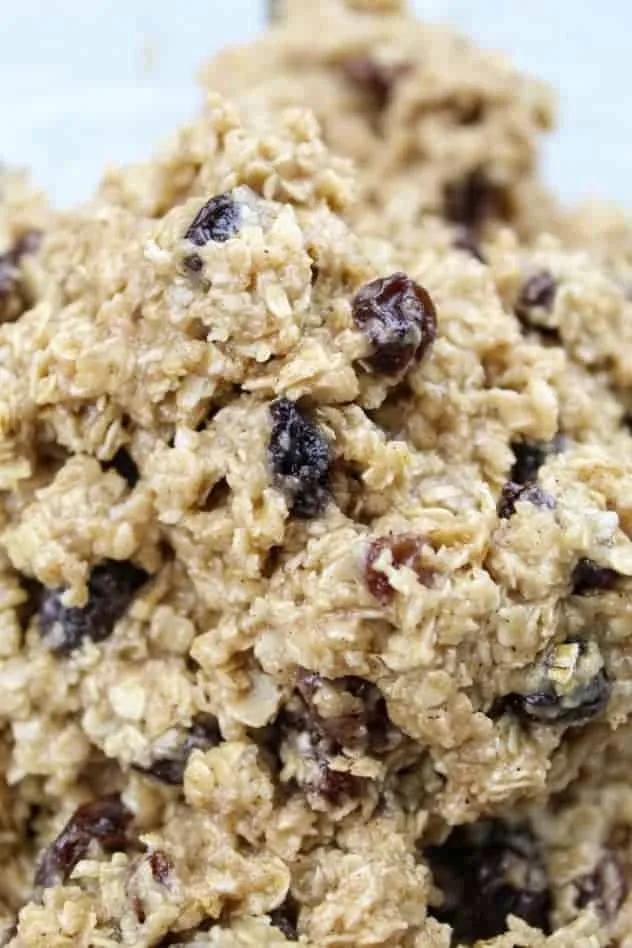 Vegan Oatmeal Raisin Cookies Process Step 3 The addition of raisins to the dough to complete the vegan oatmeal raisin cookie dough.