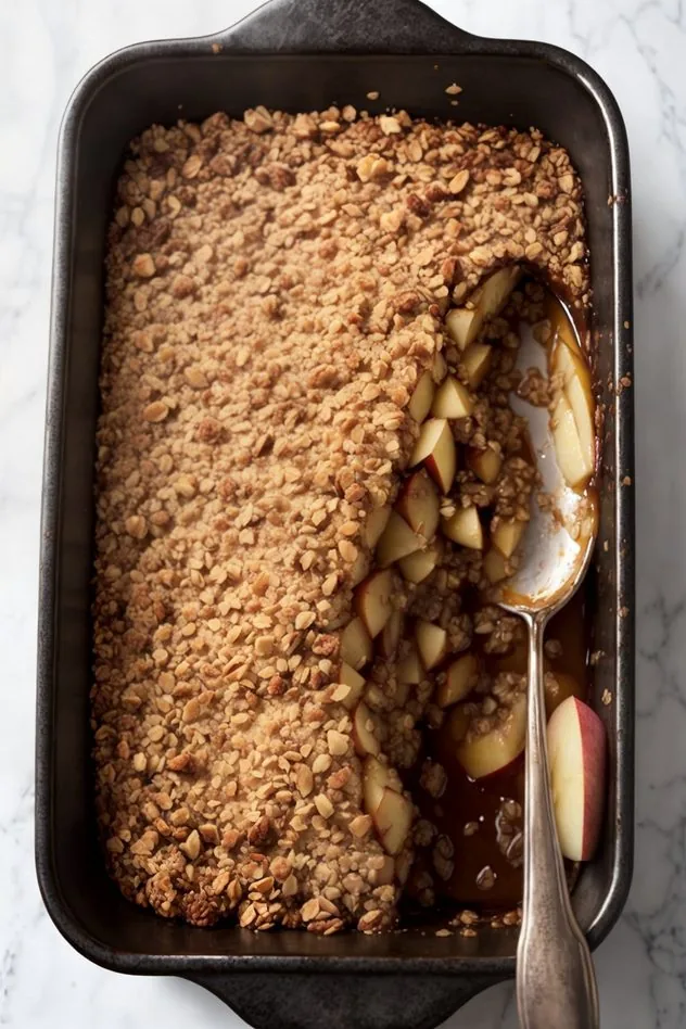 Vegan Gluten-Free Apple Crisp Process Step 3 An overhead view of the vegan gluten-free apple crisp in an 8 by 8 inch baking pan before going into the oven. In the upper right is a white and red checkered tea towel and in the lower left is a red apple. Everything sits on a white marble background.