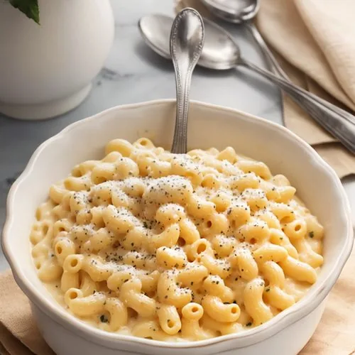 Gluten-free macaroni and cheese sits in a blue bowl on a blue and white checkered tea towel. A spoon sits to the right of the bowl. In the upper right is a glass baking dish filled with more macaroni and cheese. In the upper left is a cheese grater with a small brick of sharp cheddar.